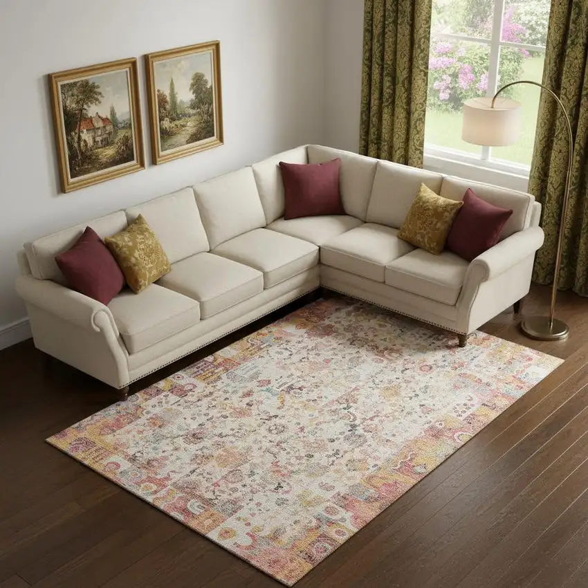 Pink And Ivory Patchwork Washable Area Rug With UV Protection Photo 2