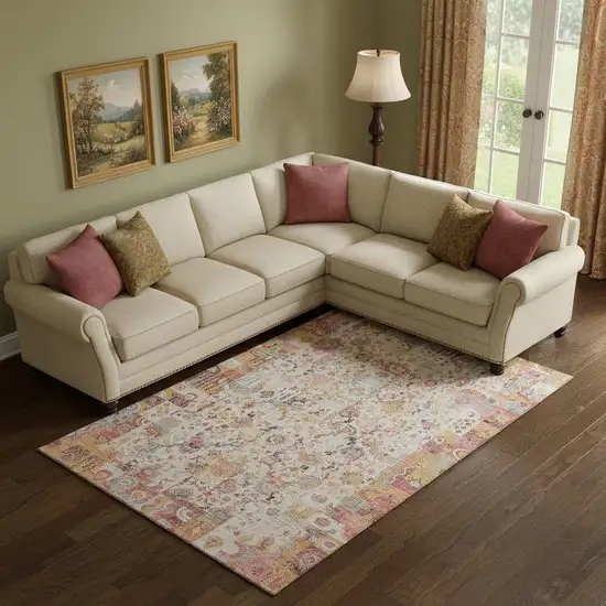 Pink And Ivory Patchwork Washable Area Rug With UV Protection Photo 2