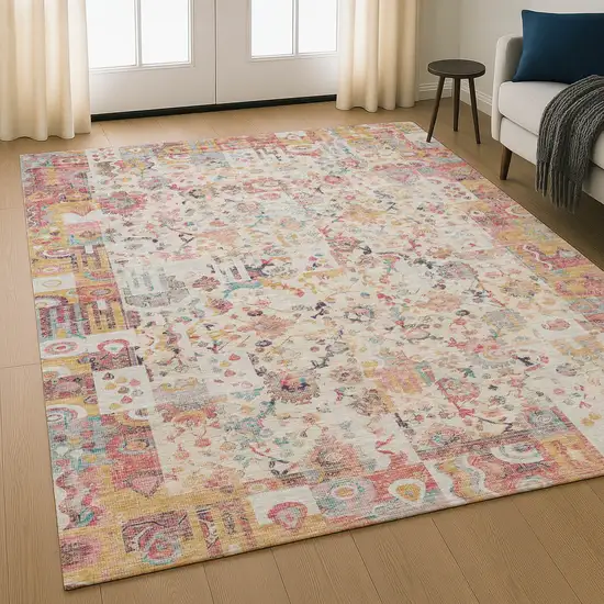 Pink And Ivory Patchwork Washable Area Rug With UV Protection Photo 5