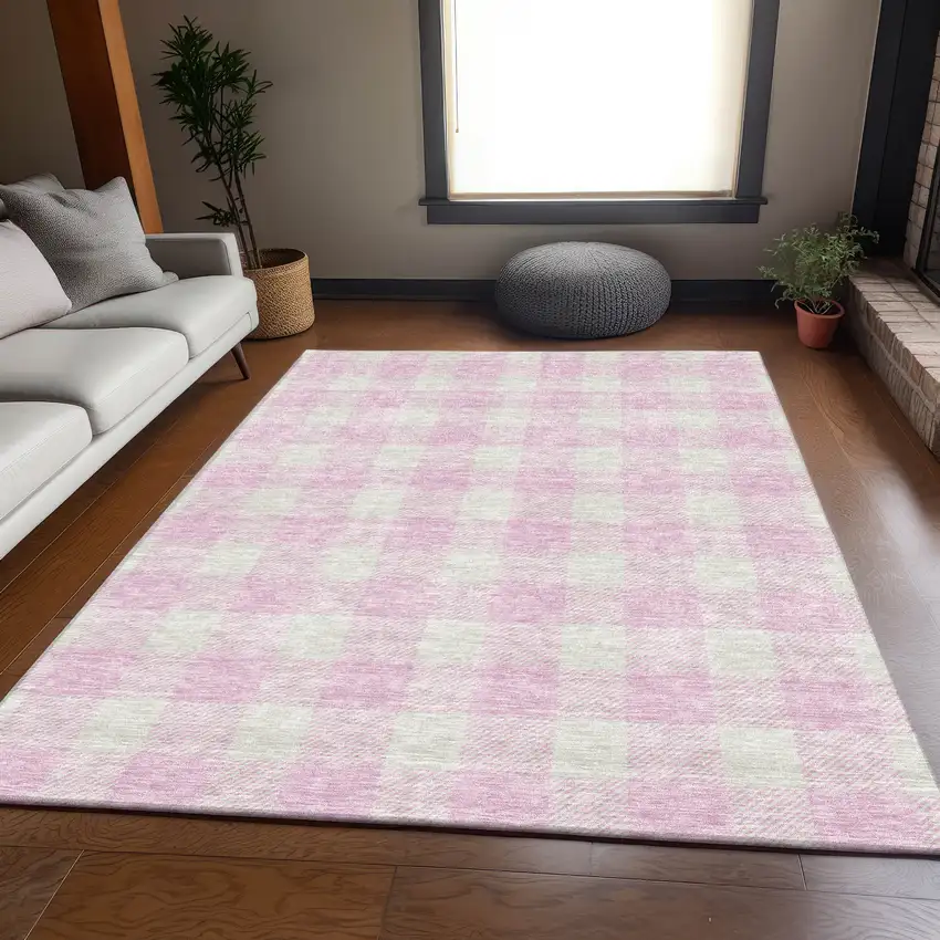 Pink And Ivory Plaid Washable Area Rug With UV Protection Photo 5