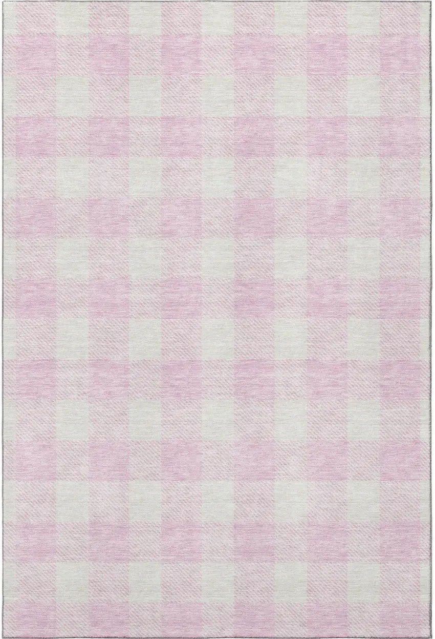 Pink And Ivory Plaid Washable Area Rug With UV Protection Photo 3