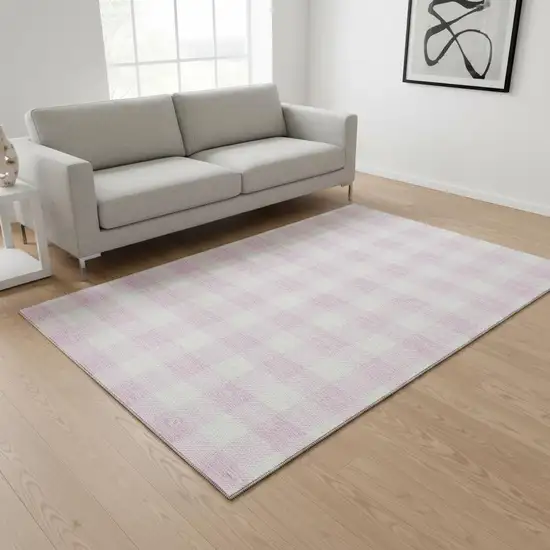 Pink And Ivory Plaid Washable Area Rug With UV Protection Photo 2