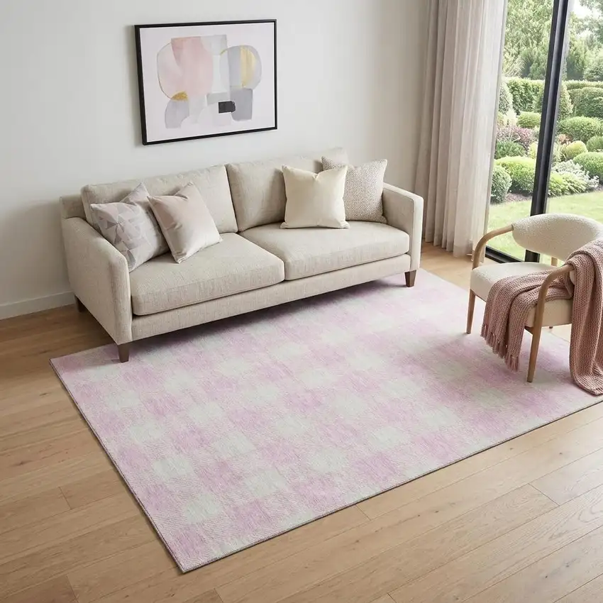 Pink And Ivory Plaid Washable Area Rug With UV Protection Photo 1