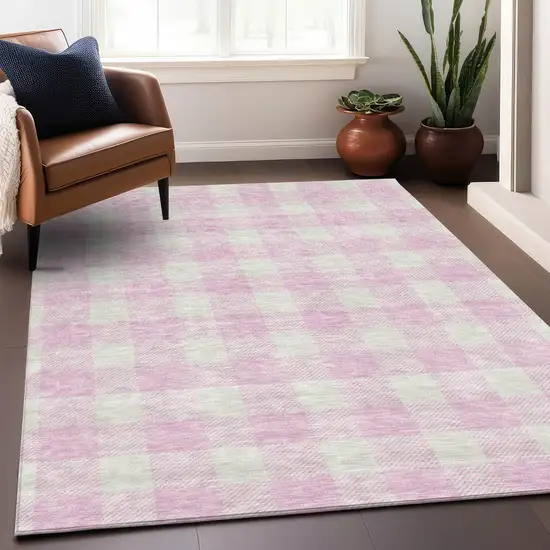 Pink And Ivory Plaid Washable Area Rug With UV Protection Photo 4
