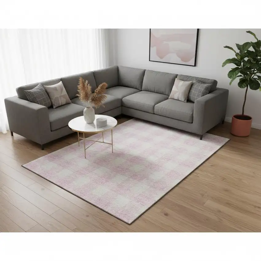 Pink And Ivory Plaid Washable Area Rug With UV Protection Photo 2