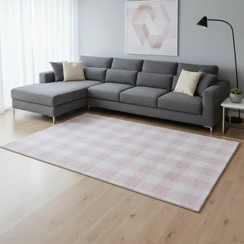 Pink And Ivory Plaid Washable Area Rug With UV Protection Photo 2