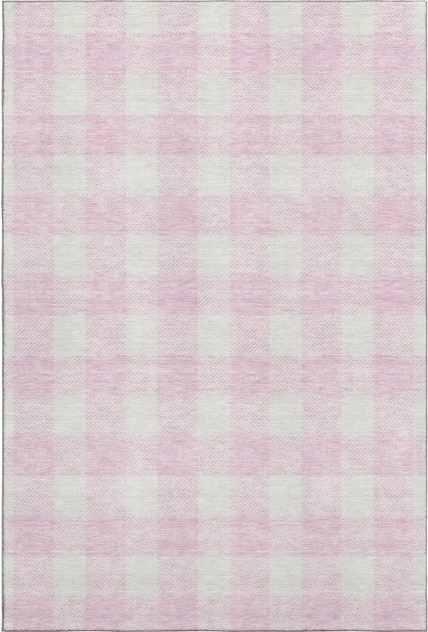 Pink And Ivory Plaid Washable Area Rug With UV Protection Photo 1