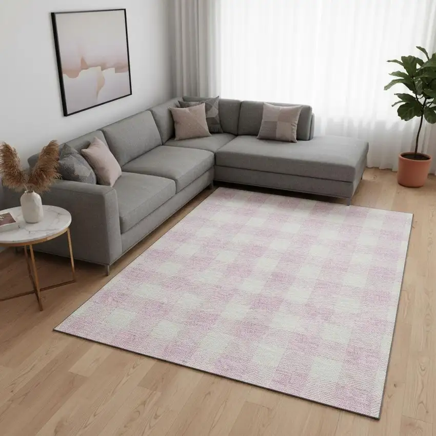 Pink And Ivory Plaid Washable Area Rug With UV Protection Photo 2
