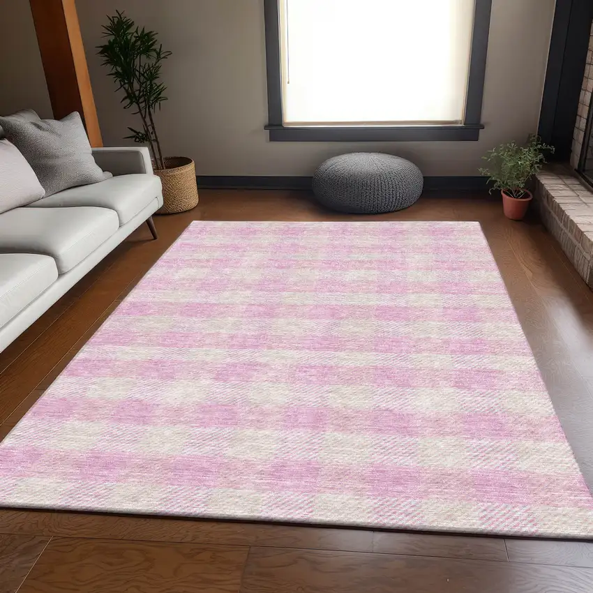 Pink And Ivory Plaid Washable Area Rug With UV Protection Photo 5