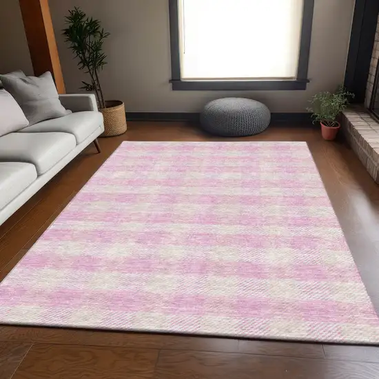Pink And Ivory Plaid Washable Area Rug With UV Protection Photo 4