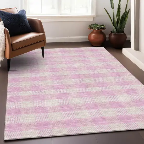 Pink And Ivory Plaid Washable Area Rug With UV Protection Photo 3