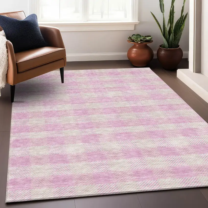Pink And Ivory Plaid Washable Area Rug With UV Protection Photo 3