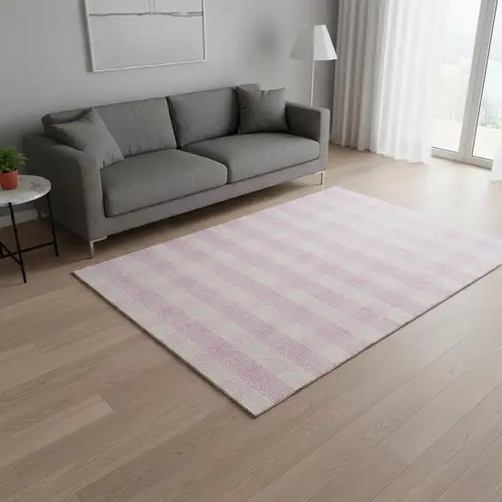 Pink And Ivory Plaid Washable Area Rug With UV Protection Photo 2