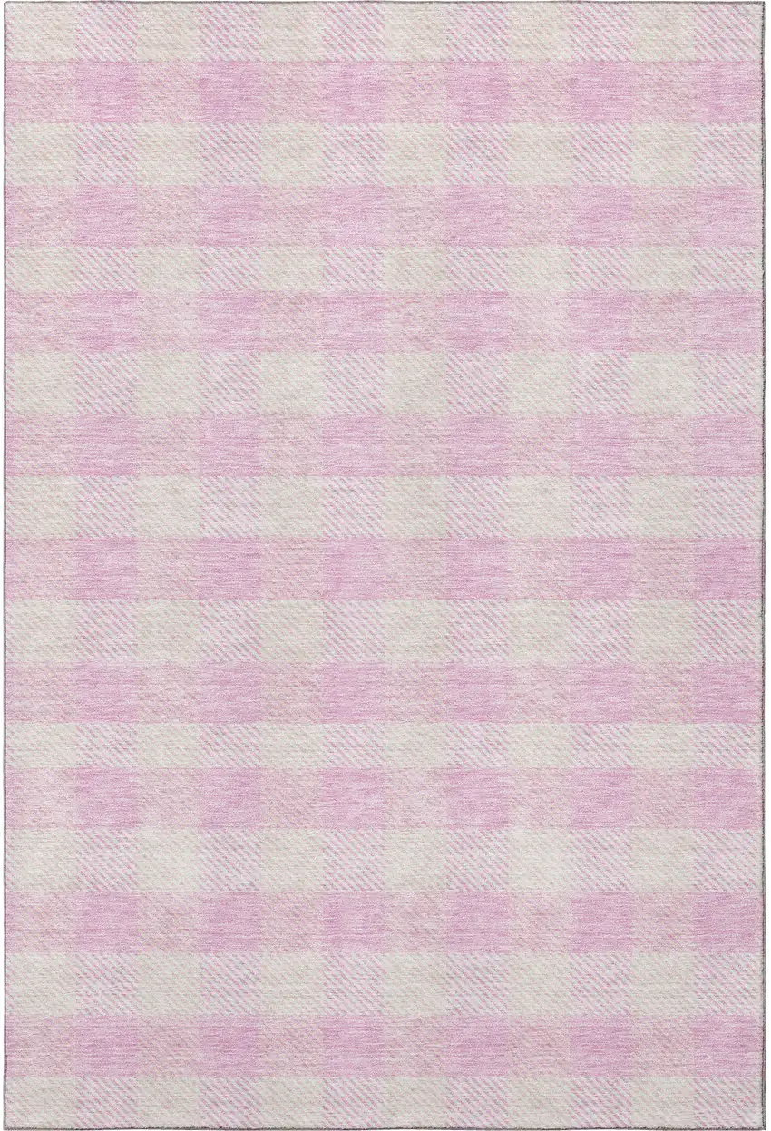 Pink And Ivory Plaid Washable Area Rug With UV Protection Photo 2
