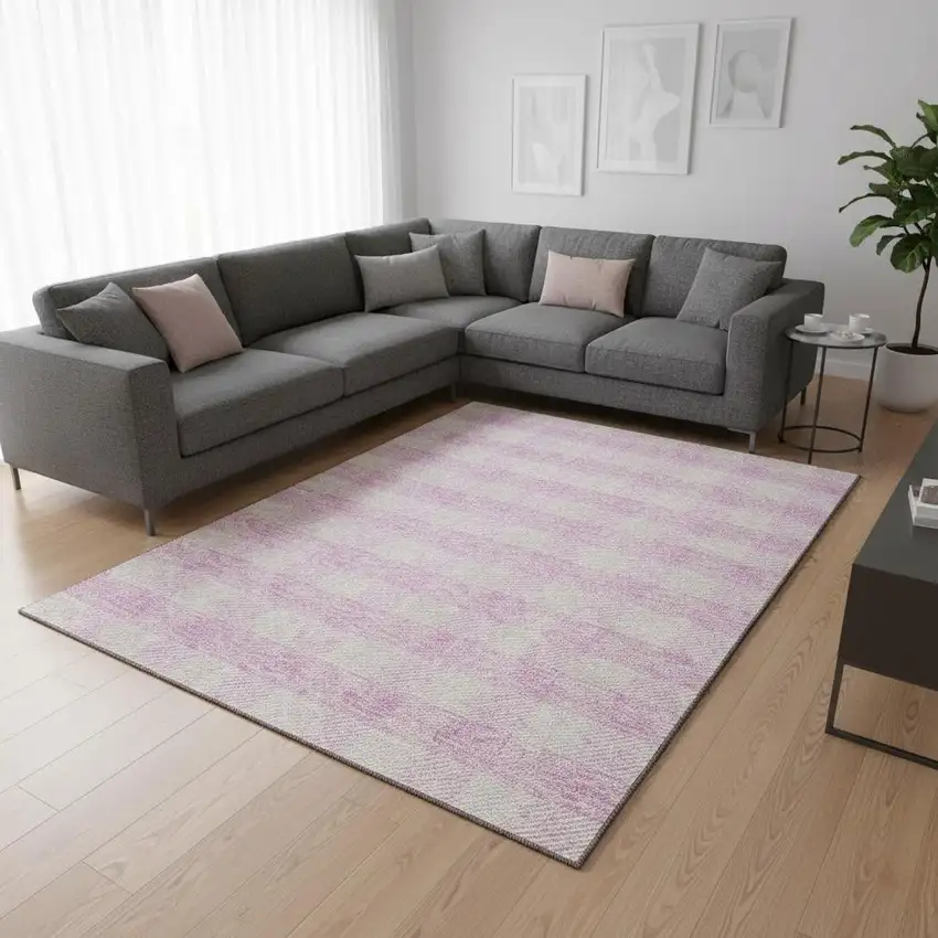 Pink And Ivory Plaid Washable Area Rug With UV Protection Photo 2