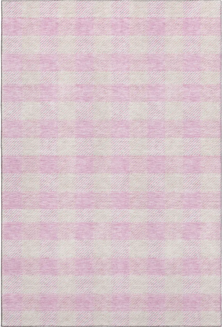 Pink And Ivory Plaid Washable Area Rug With UV Protection Photo 1