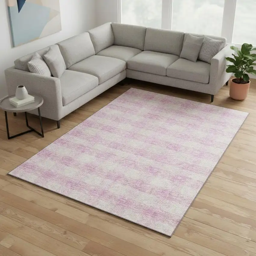 Pink And Ivory Plaid Washable Area Rug With UV Protection Photo 2