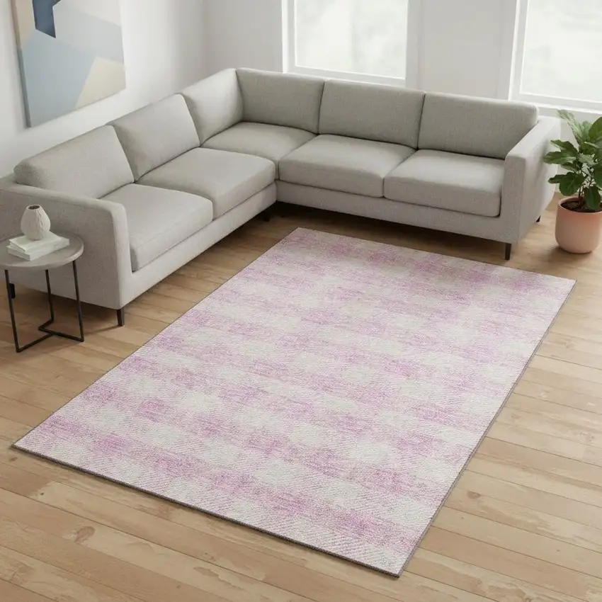 Pink And Ivory Plaid Washable Area Rug With UV Protection Photo 2