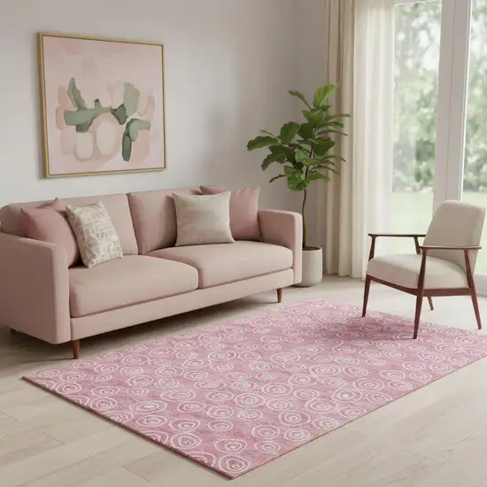 Pink And Ivory Polka Dot Washable Area Rug With UV Protection Photo 1