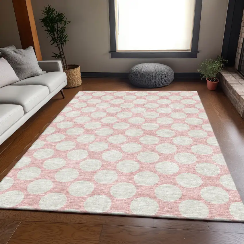 Pink And Ivory Polka Dot Washable Area Rug With UV Protection Photo 6