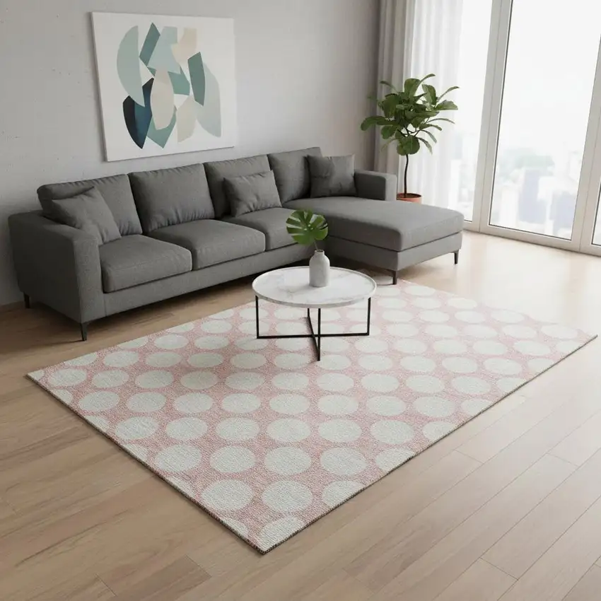 Pink And Ivory Polka Dot Washable Area Rug With UV Protection Photo 2