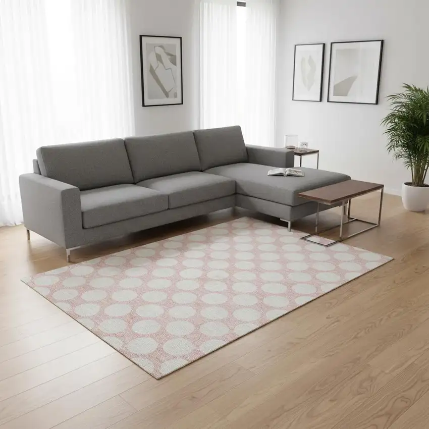 Pink And Ivory Polka Dot Washable Area Rug With UV Protection Photo 2