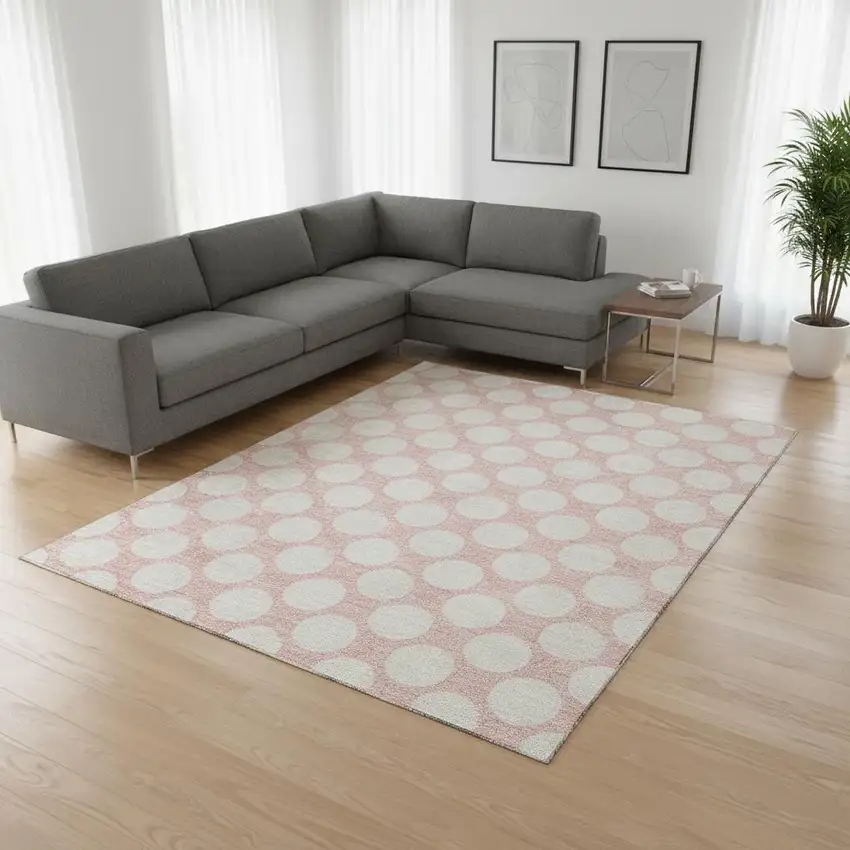 Pink And Ivory Polka Dot Washable Area Rug With UV Protection Photo 2