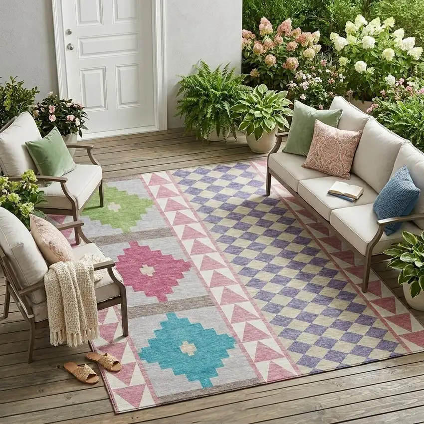 Pink And Ivory Southwestern Washable Indoor Outdoor Area Rug Photo 1