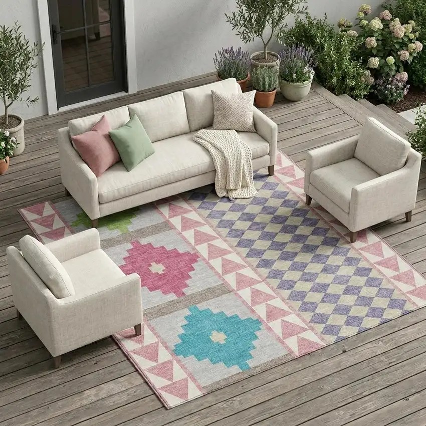 Pink And Ivory Southwestern Washable Indoor Outdoor Area Rug Photo 1