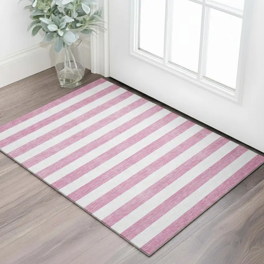 Pink And Ivory Striped Washable Area Rug With UV Protection Photo 1