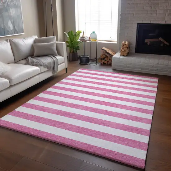Pink And Ivory Striped Washable Area Rug With UV Protection Photo 5