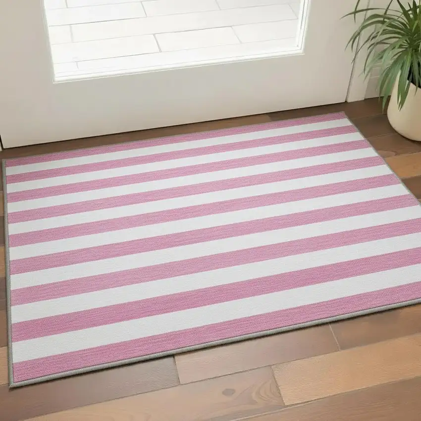 Pink And Ivory Striped Washable Area Rug With UV Protection Photo 2