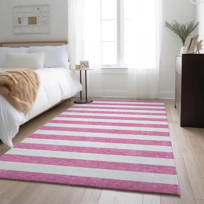 Pink And Ivory Striped Washable Area Rug With UV Protection Photo 4