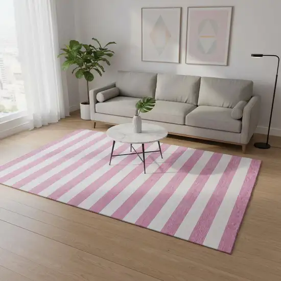 Pink And Ivory Striped Washable Area Rug With UV Protection Photo 2