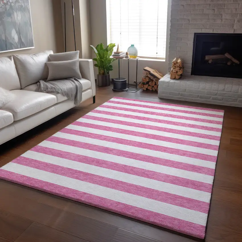 Pink And Ivory Striped Washable Area Rug With UV Protection Photo 6
