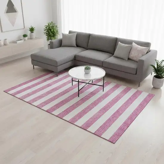 Pink And Ivory Striped Washable Area Rug With UV Protection Photo 2