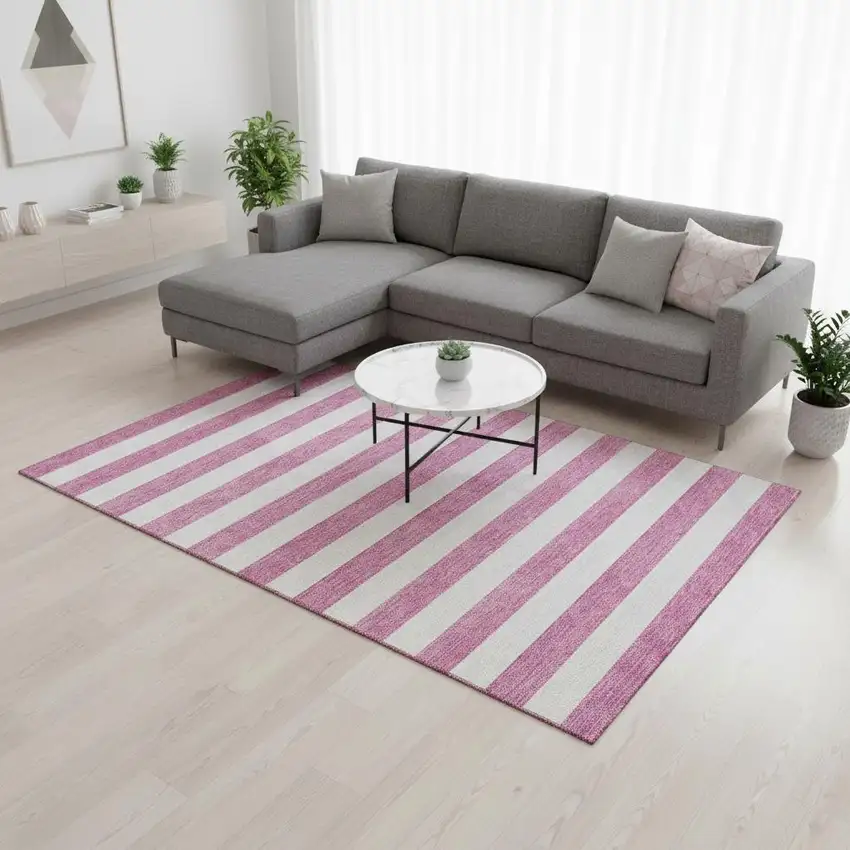Pink And Ivory Striped Washable Area Rug With UV Protection Photo 2