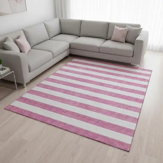 Pink And Ivory Striped Washable Area Rug With UV Protection Photo 2