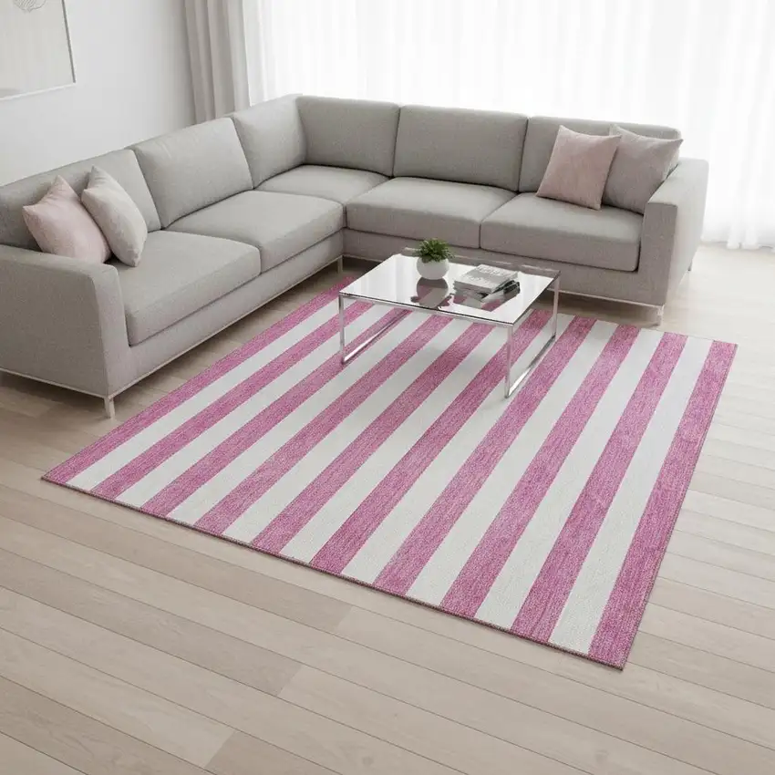 Pink And Ivory Striped Washable Area Rug With UV Protection Photo 2