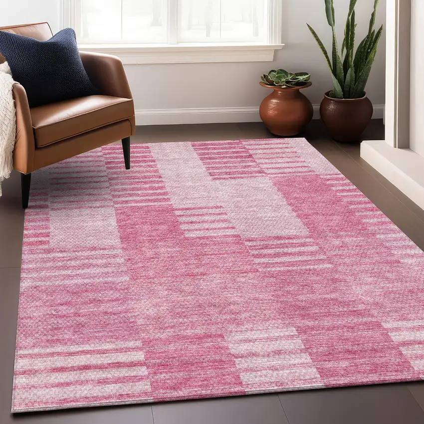 Pink And Ivory Striped Washable Area Rug With UV Protection Photo 5