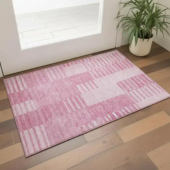 Pink And Ivory Striped Washable Area Rug With UV Protection Photo 1