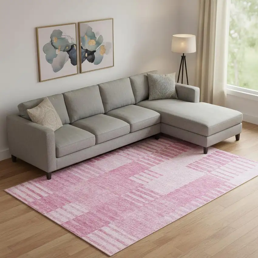 Pink And Ivory Striped Washable Area Rug With UV Protection Photo 1