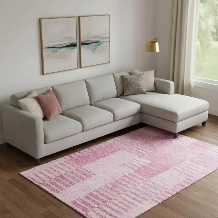 Pink And Ivory Striped Washable Area Rug With UV Protection Photo 1
