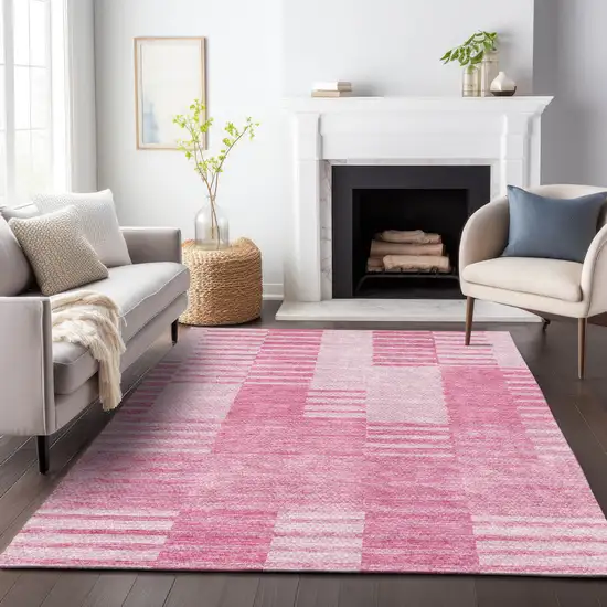 Pink And Ivory Striped Washable Area Rug With UV Protection Photo 4