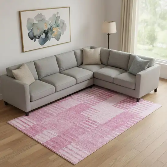 Pink And Ivory Striped Washable Area Rug With UV Protection Photo 1