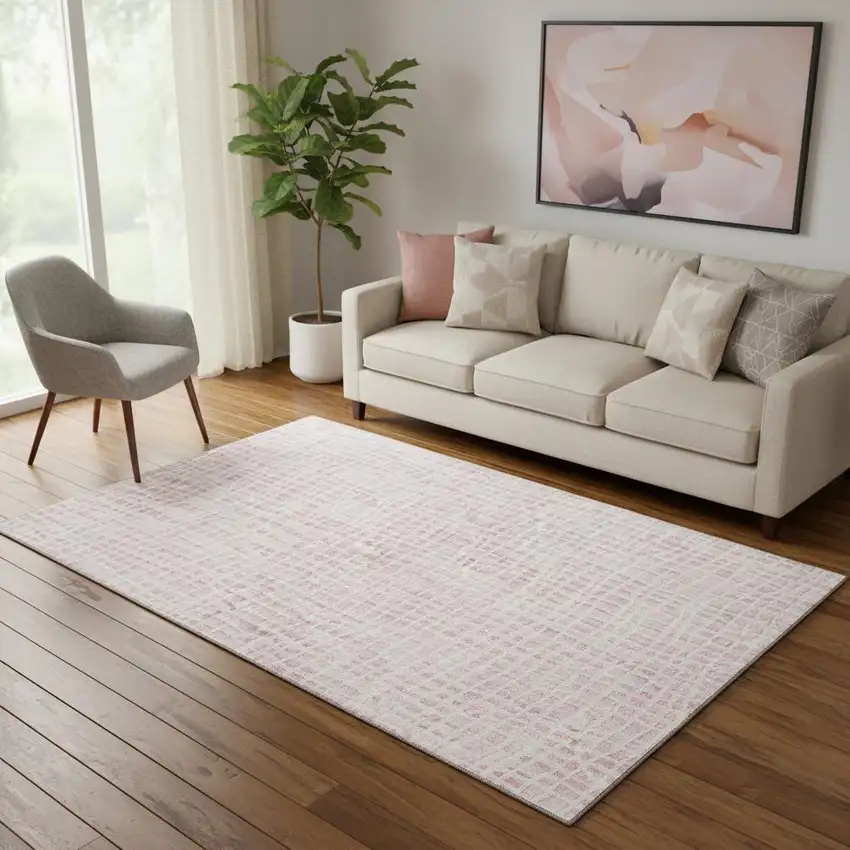 Pink And Ivory Striped Washable Area Rug With UV Protection Photo 1