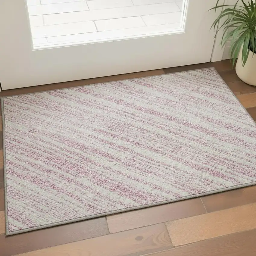 Pink And Ivory Striped Washable Area Rug With UV Protection Photo 2
