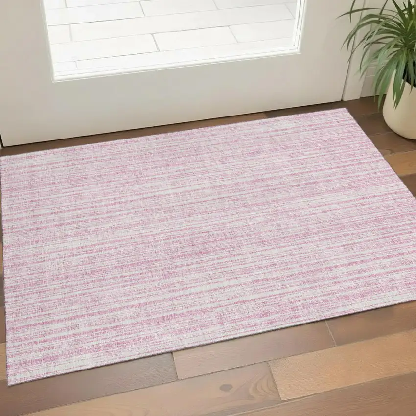 Pink And Ivory Striped Washable Area Rug With UV Protection Photo 1