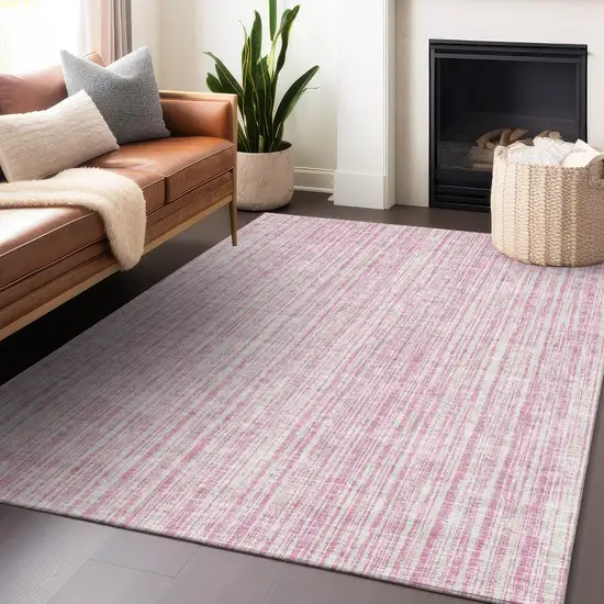 Pink And Ivory Striped Washable Area Rug With UV Protection Photo 5