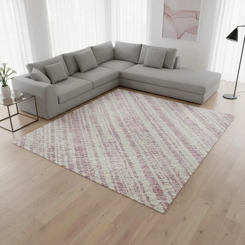 Pink And Ivory Striped Washable Area Rug With UV Protection Photo 2